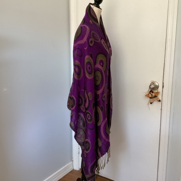 VINTAGE WOMAN JAQUARD SCARF SHAWL PURPLE OLIVE GEOMETRIC FRINGE - Picture 4 of 6